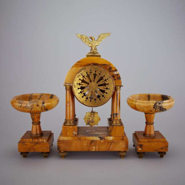 French Three Piece Ormolu Mounted Sienna Marble Clock Garniture, early 20th century