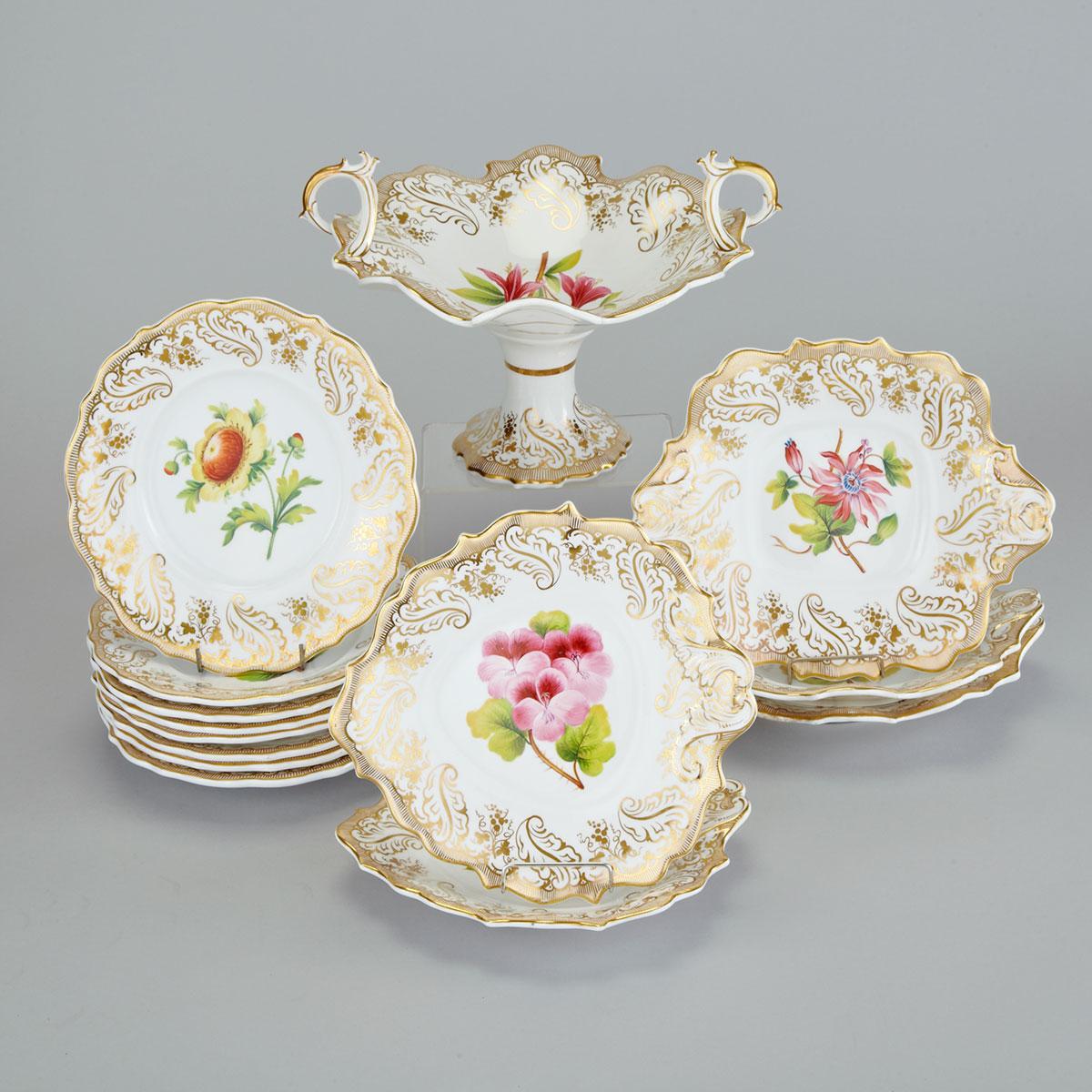 English Porcelain Botanical Style Dessert Service, c.1840