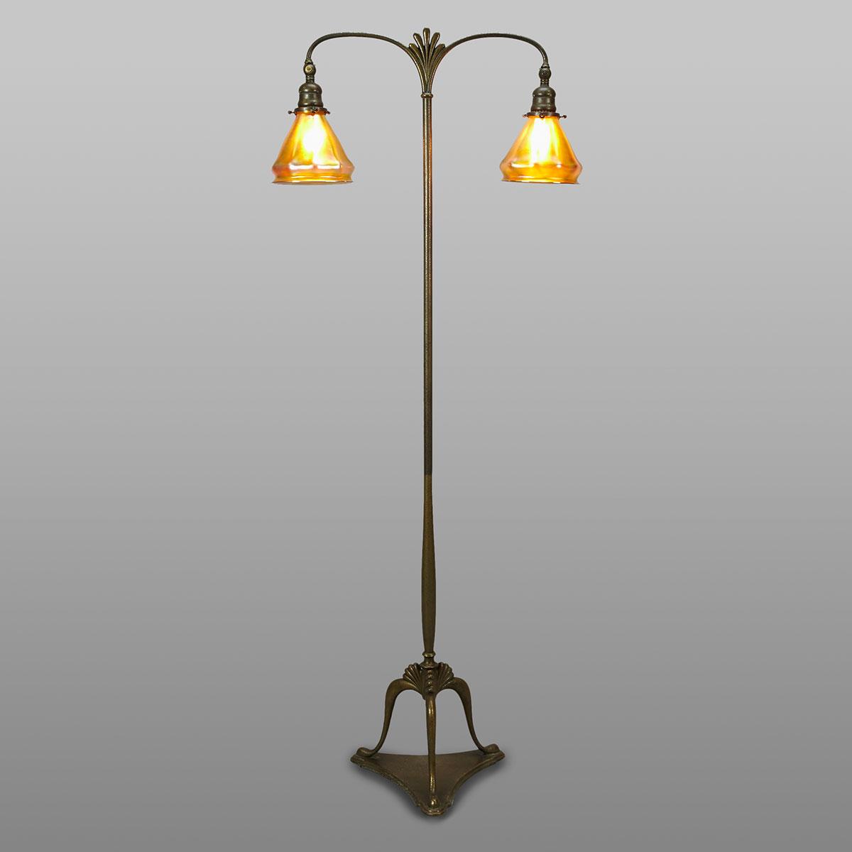 Tiffany Studios Bronze and Favrille Glass Two Light Floor Lamp, early 20th century