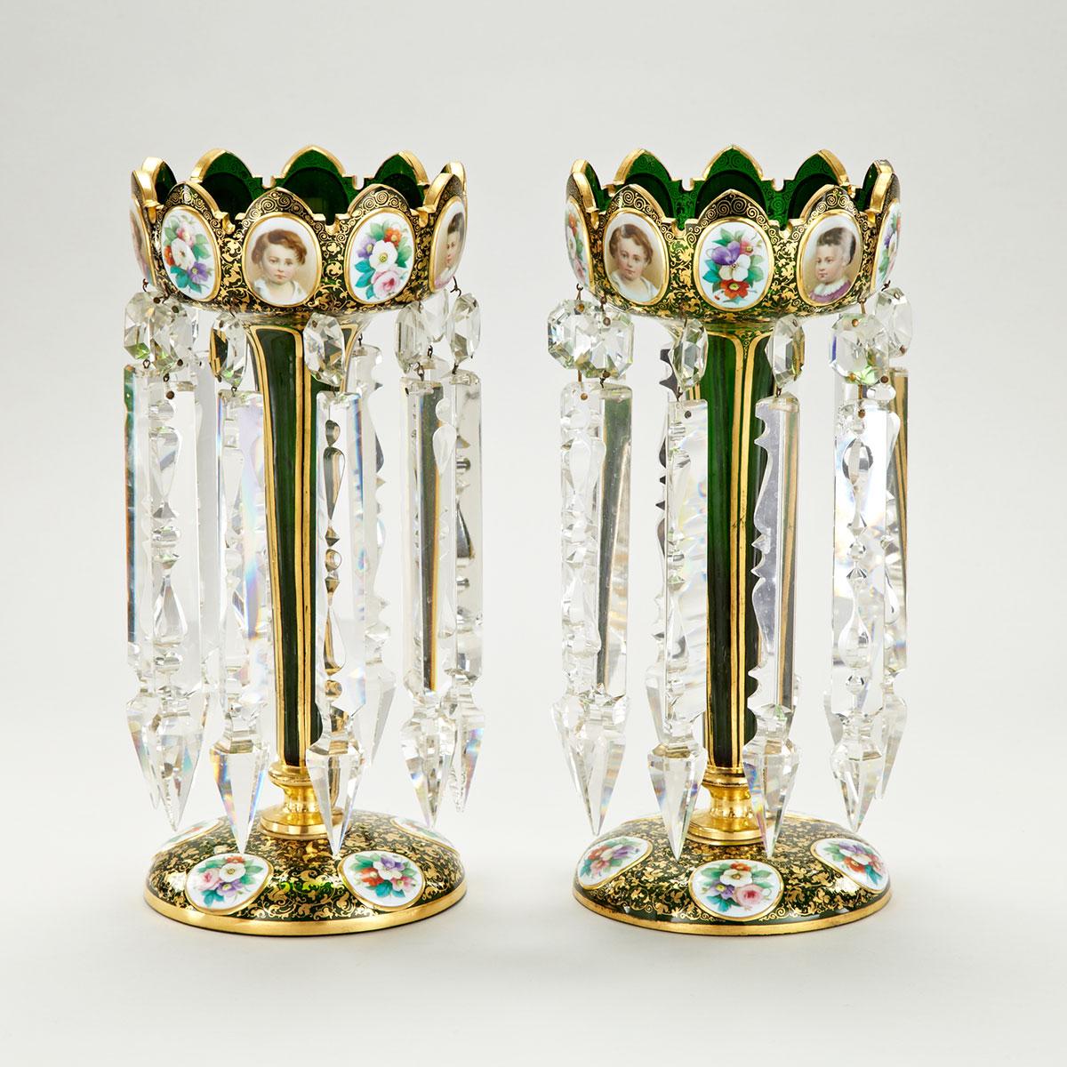 Pair of Bohemian Overlaid and Enameled Green Glass Lustres, late 19th/early 20th century