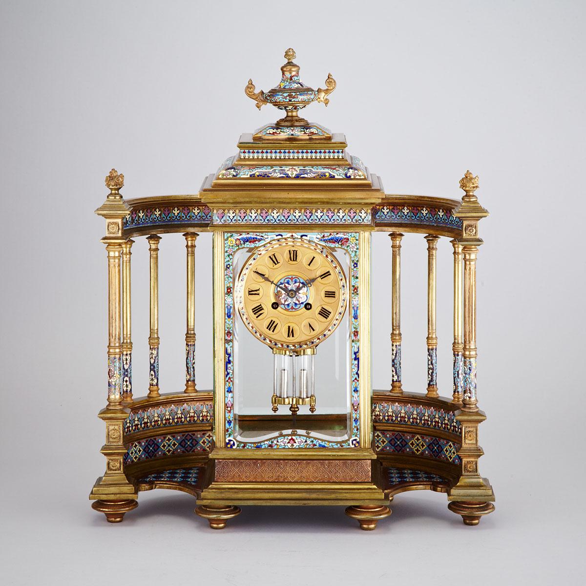Large French Champlevé Enamelled and Gilt Bronze Temple Form Mantle Clock, c.1900