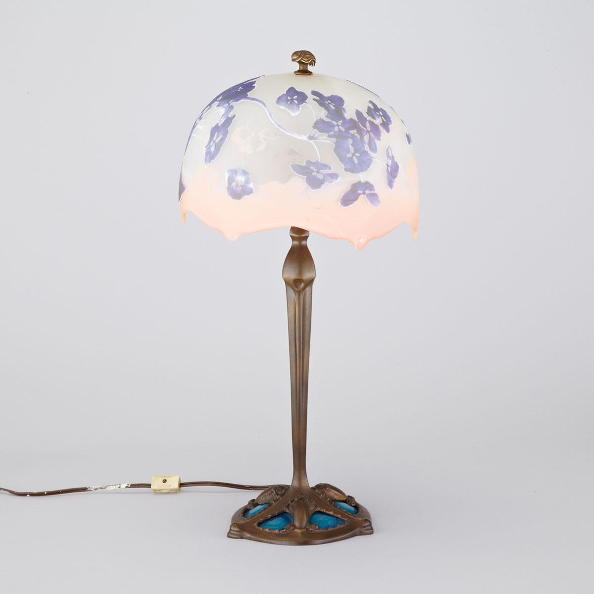 Jules Cayette Bronze and Glass Papillon Table Lamp with Gallé  Cameo Glass Shade, early 20th century