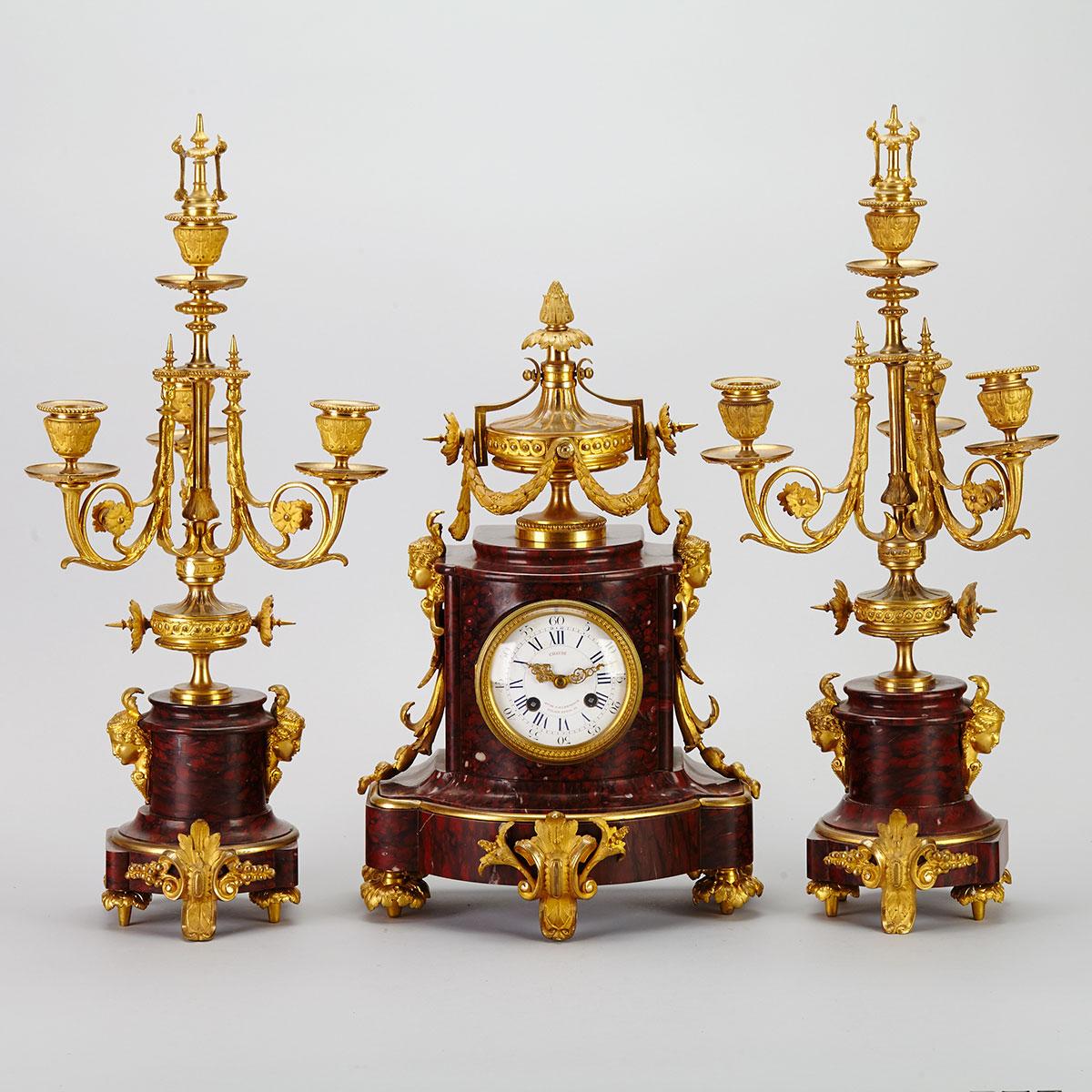 Napoleon III Ormolu Mounted Marble Three Piece Clock Garniture, c.1880