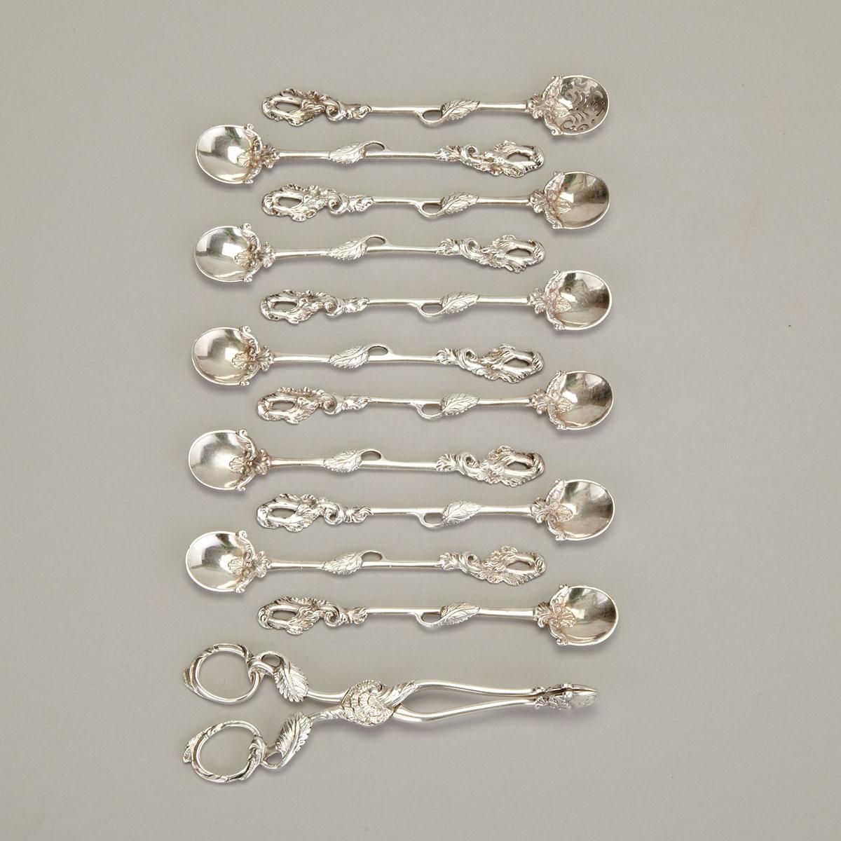 Ten Mid-Georgian Naturalistic Style Silver Teaspoons, Mote Spoon and Sugar Tongs, mid-18th century