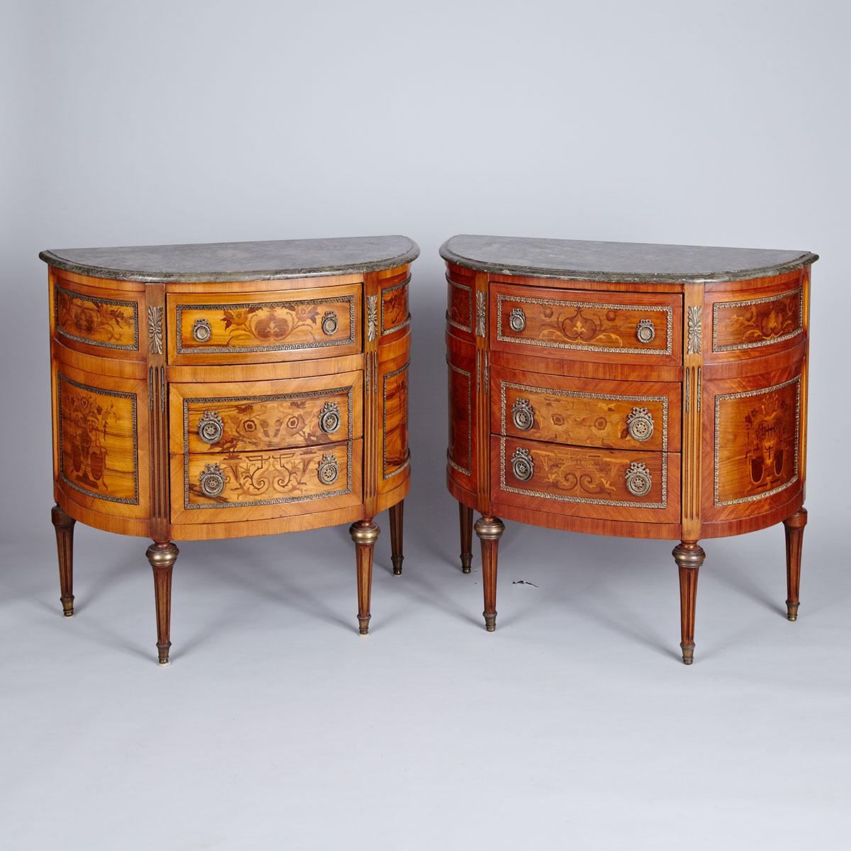 Pair of Louis XVI Style Ormolu Mounted Marquetry Demi-Lune Commodes, early 20th century