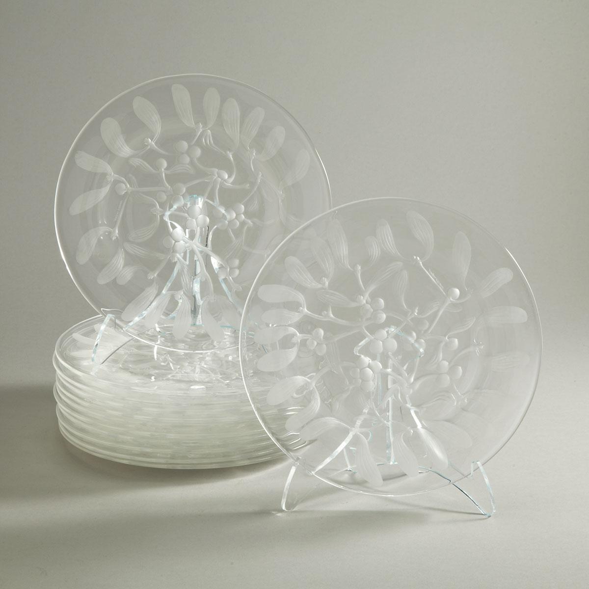 ‘Gui’, Twelve Lalique Moulded and Partly Frosted Glass Plates, post-1945