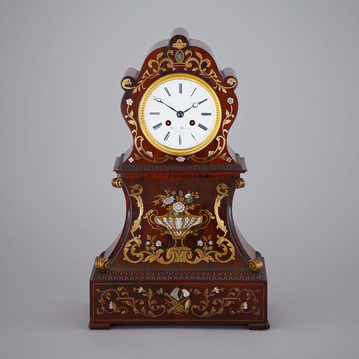 French Ormolu Mounted, Boulle Work and Abalone Inlaid Rosewood Mantle Clock, Henry Marc, Paris, c.1870