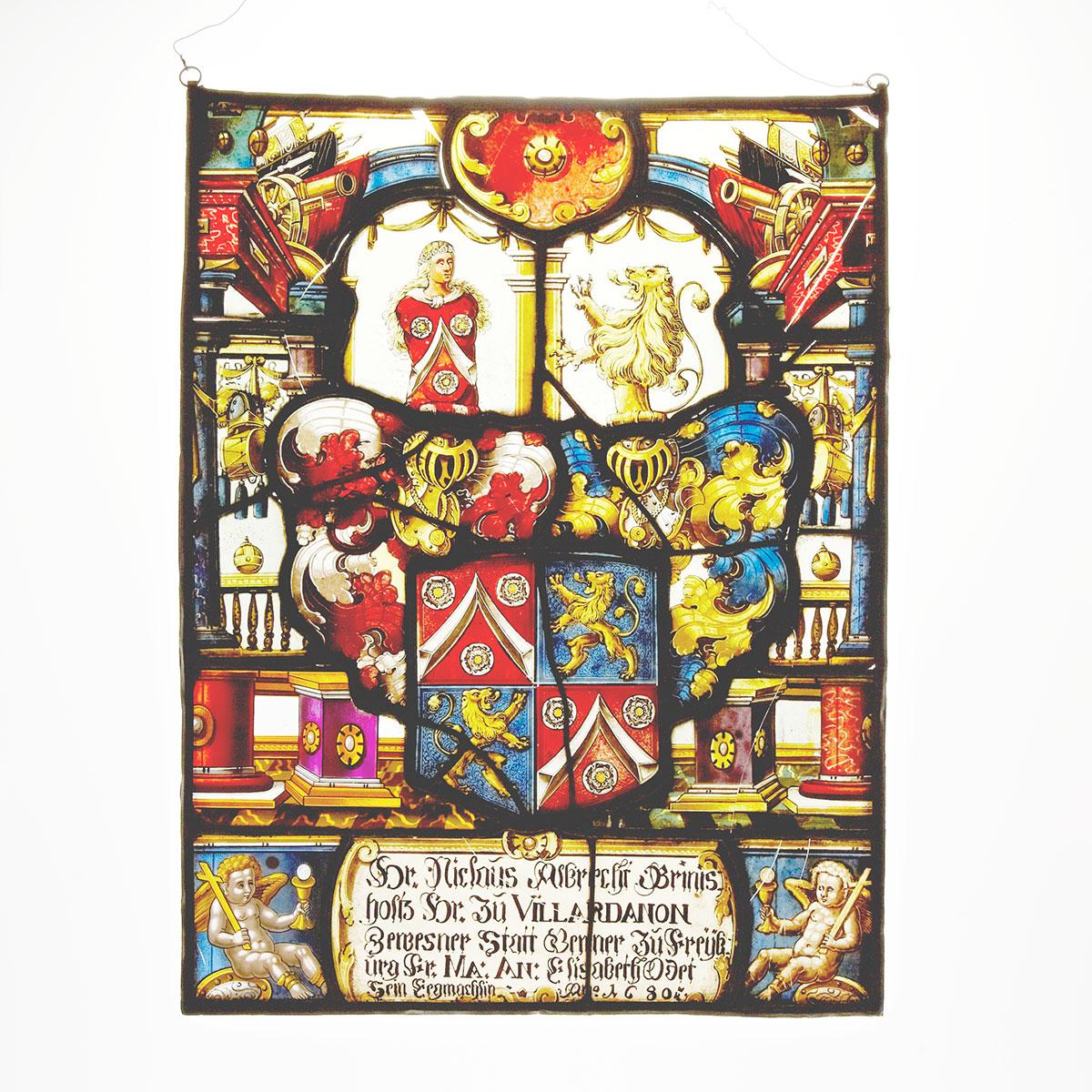 Swiss Heraldic Stained Glass Panel, Fribourg, 1680