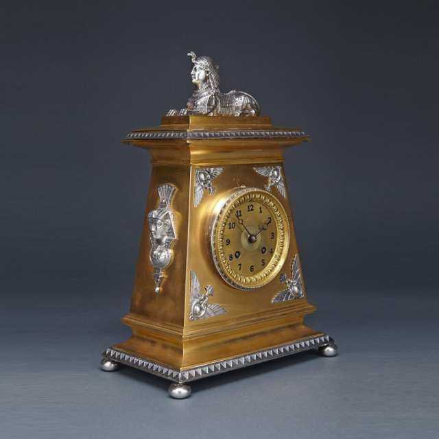 French Egyptian Revival Gilt and Silvered Bronze Mantle Clock, c.1870