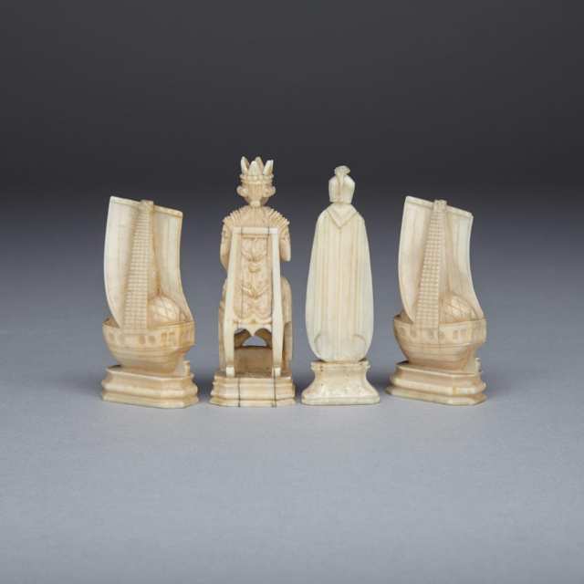 Russian Carved Walrus Ivory Figural Chess Set, KHOLMOGORY 19th century