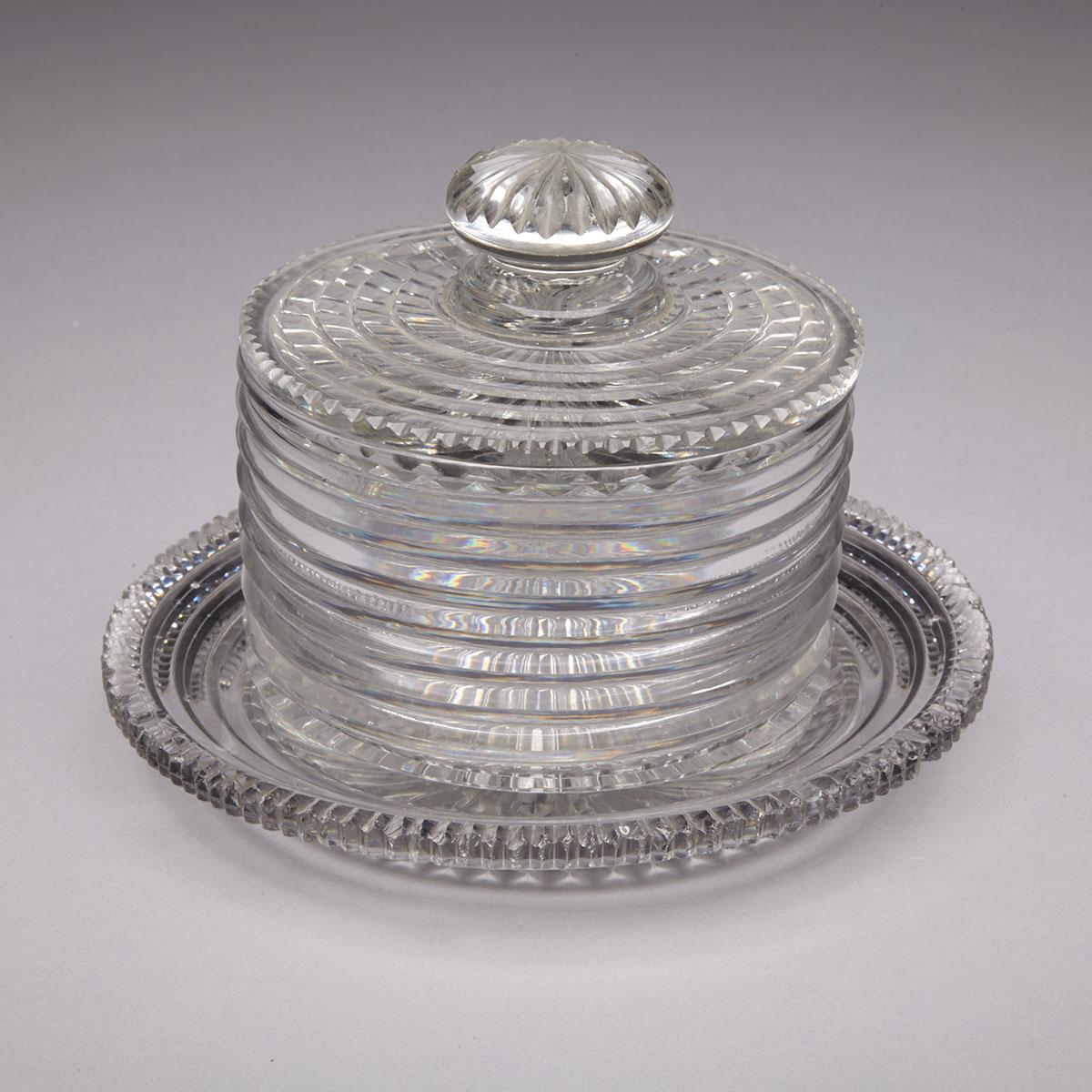 Anglo-Irish Cut Glass Butter Dish with Cover and Stand, early 19th century
