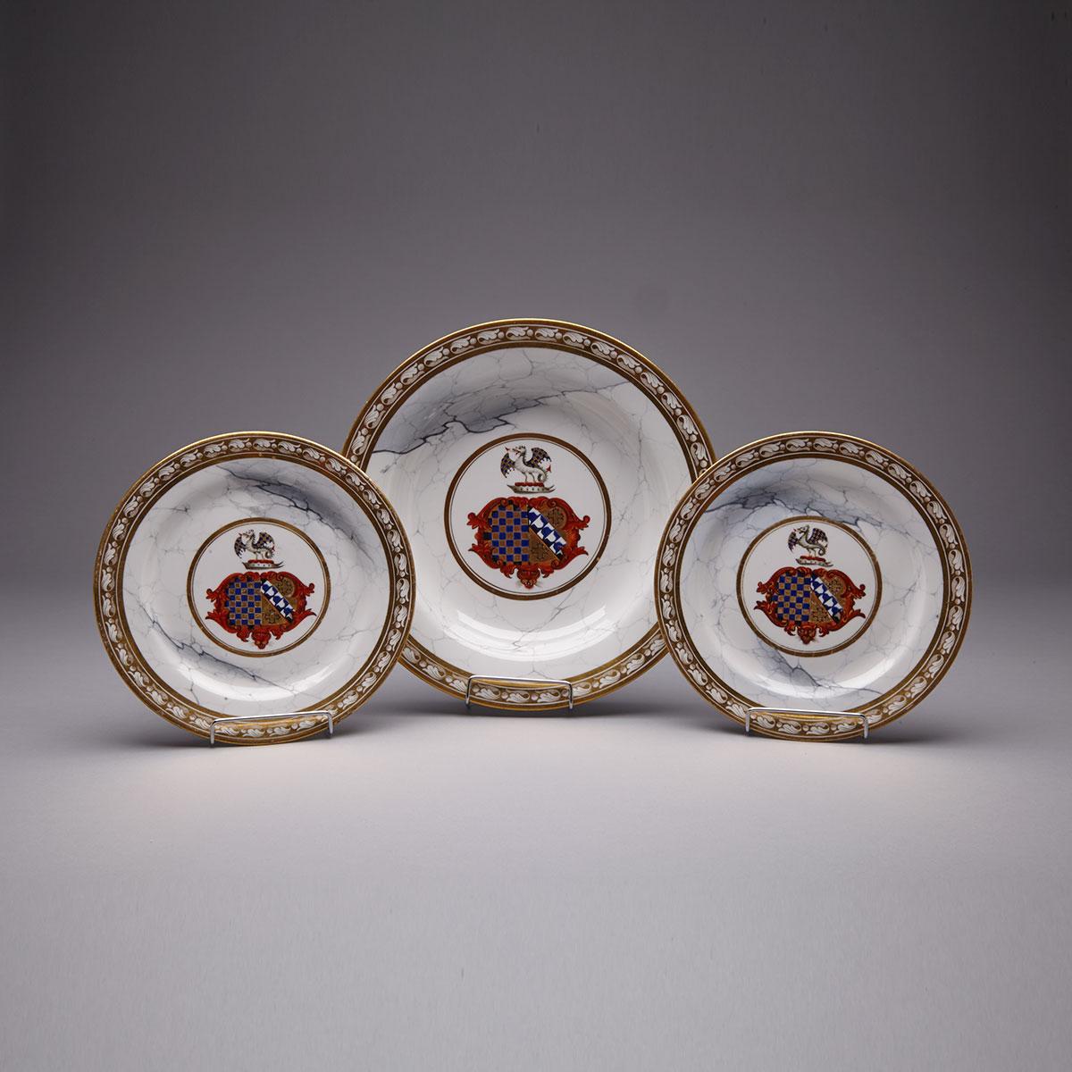 Pair of Barr, Flight & Barr Worcester Grey Marbled Ground Armorial Dessert Plates and a Soup Plate, c.1804-13