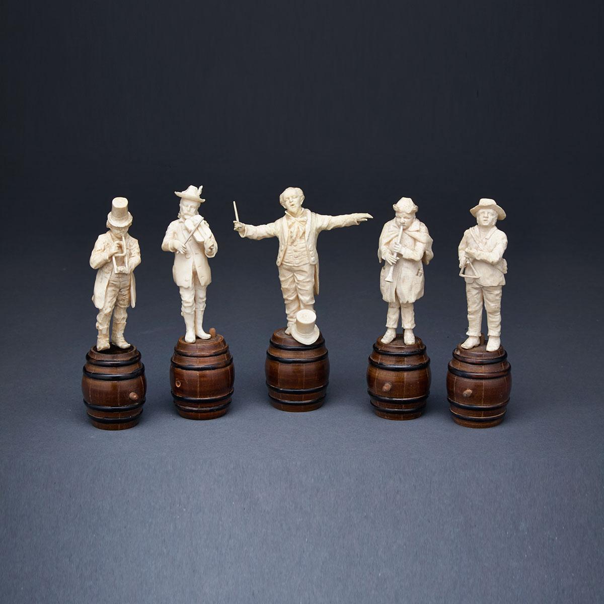 Set of Five South German Carved Ivory Figures of Musicians, 19th century