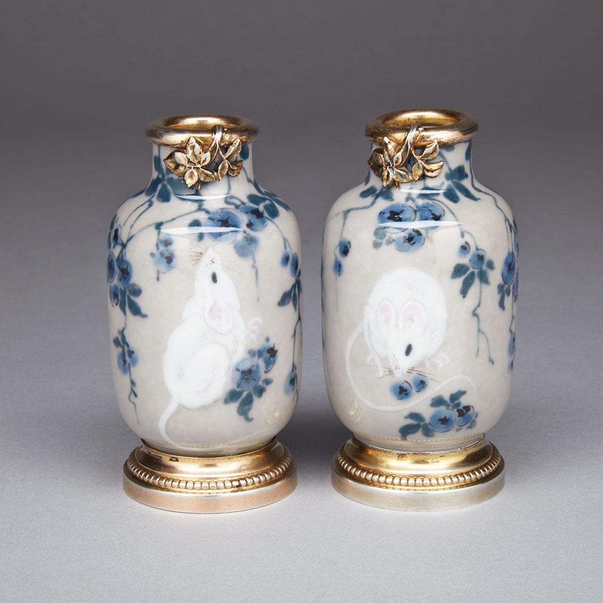 Pair of Silver-Gilt Mounted Charles Serpaut, Limoges Pâte-sur-Pâte Cabinet Vases, 1920s