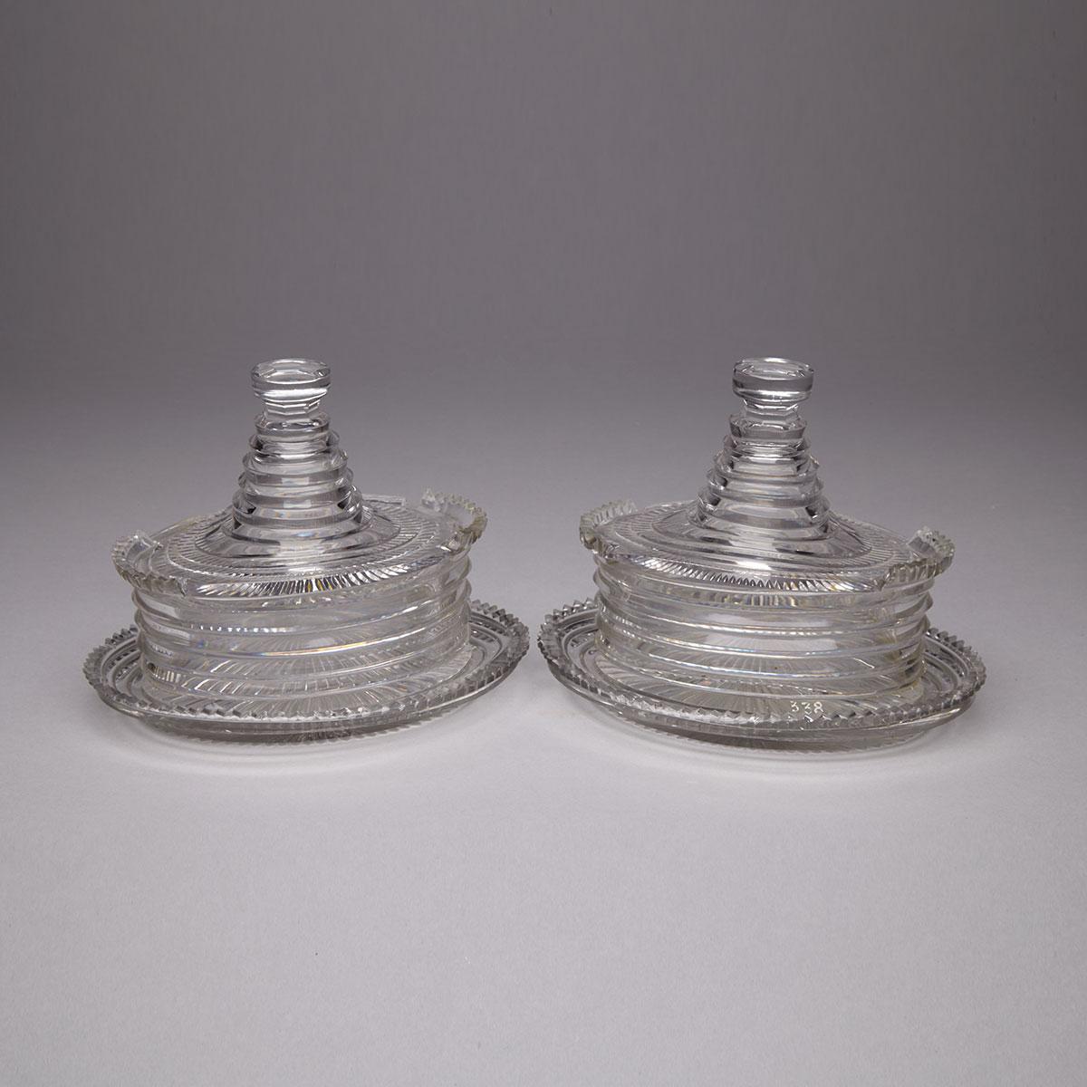 Pair of Anglo-Irish Cut Glass Oval Butter Dishes with Covers and Stands, early 19th century