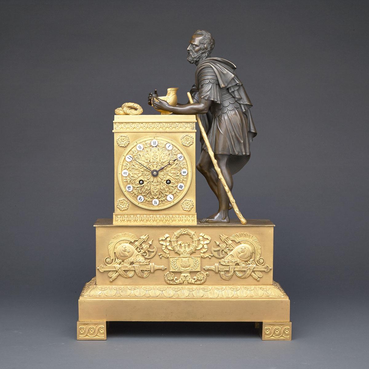 French Empire Gilt Bronze Figural Mantle Clock by Leroy, Paris, c.1810
