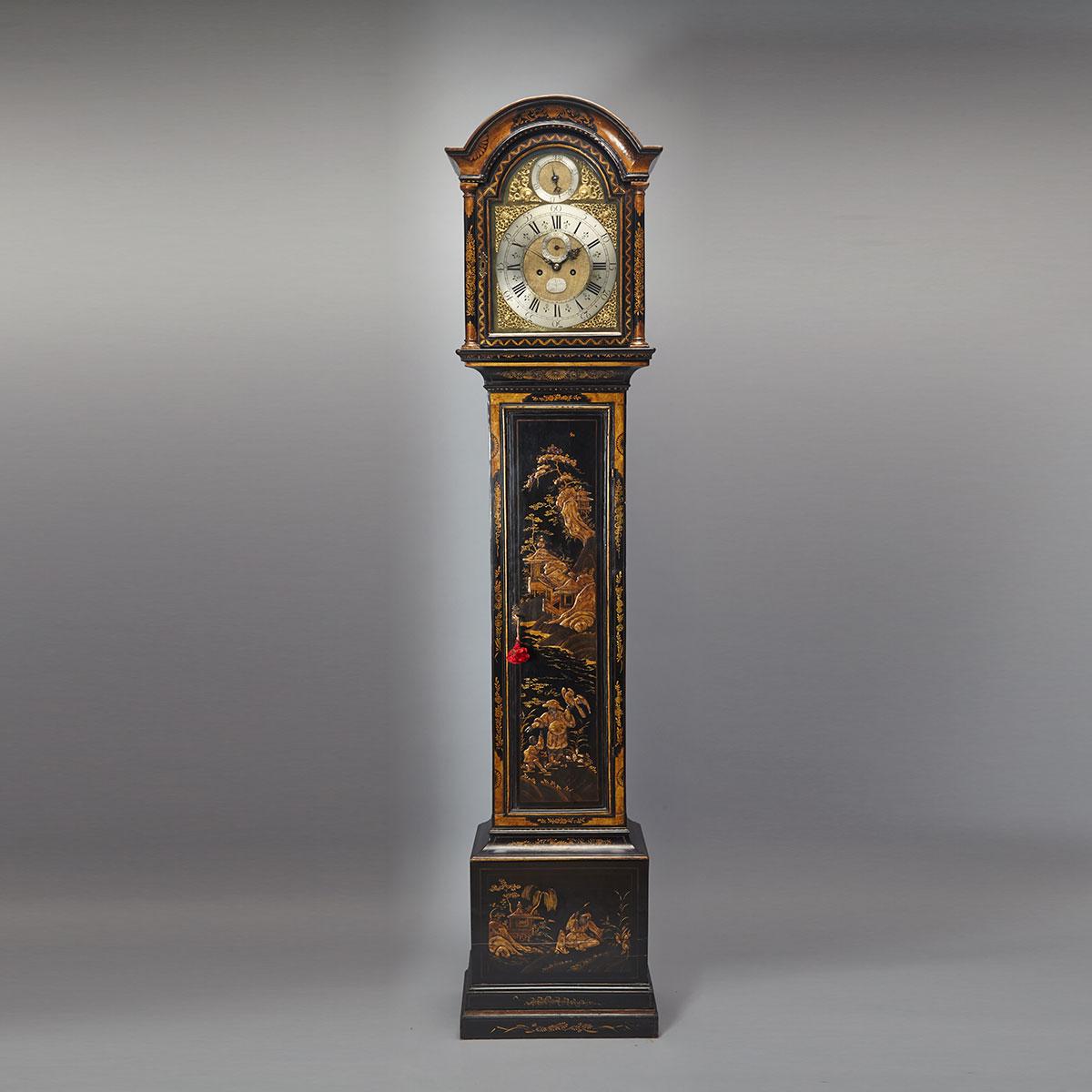 George III Black Japanned Tall Case clock, hewes carter, Cambridge, c.1790