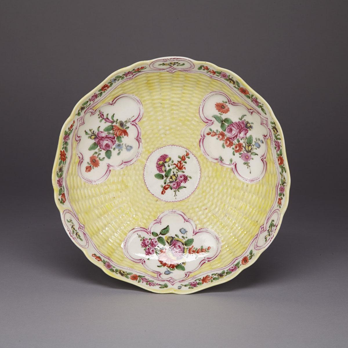 Worcester Yellow Ground Moulded Basketweave Junket Dish, c.1765-70