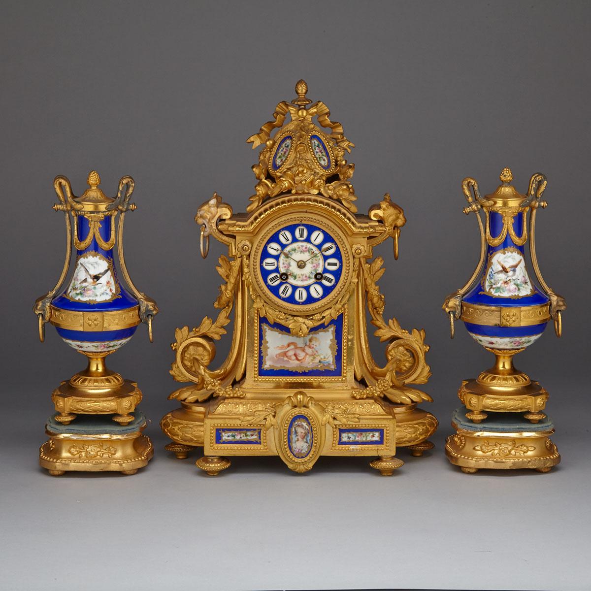 Louis XVI Style Sevres Porcelain Mounted Gilt Metal 3 Piece Clock Garniture Set, c.1869