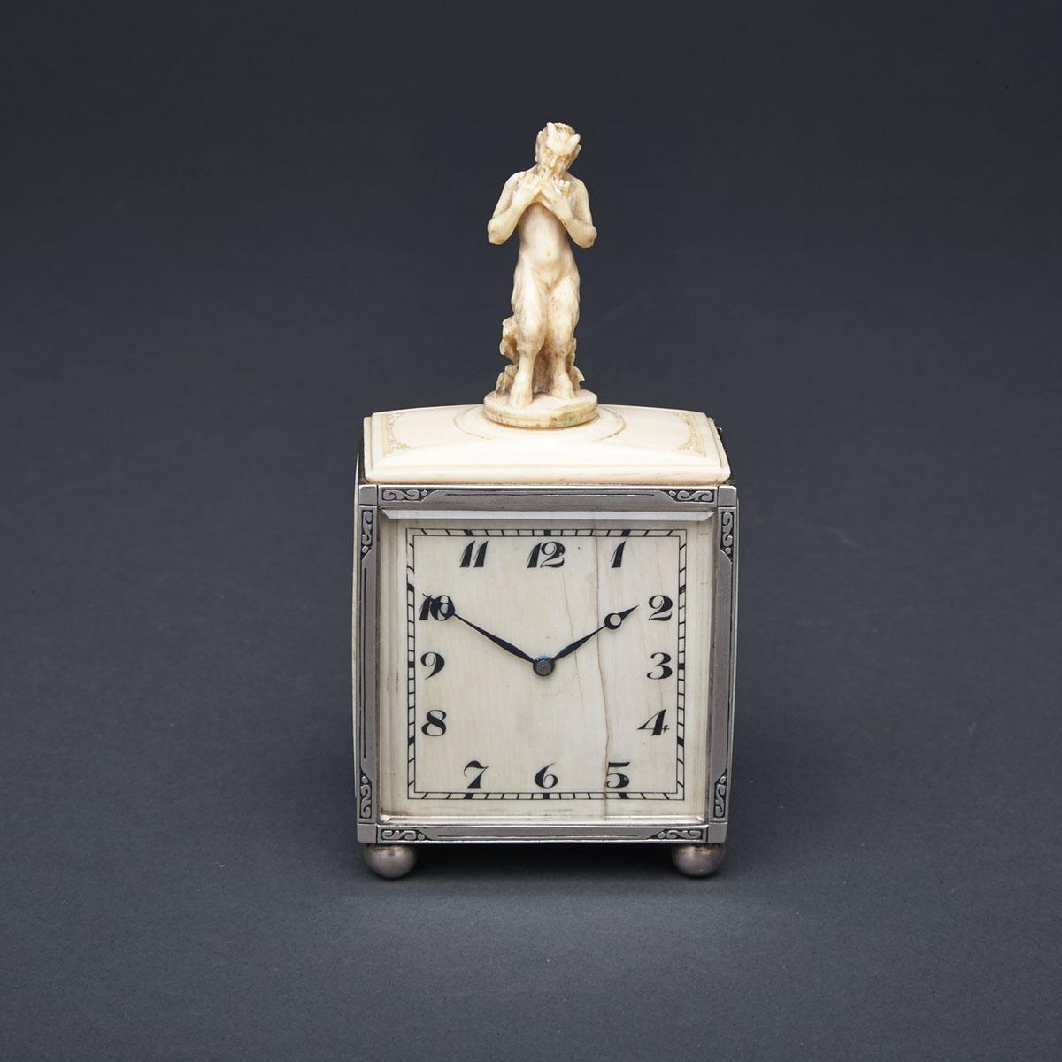 Small Swiss Art Deco Ivory Mounted Silver Desk Clock, c.1925