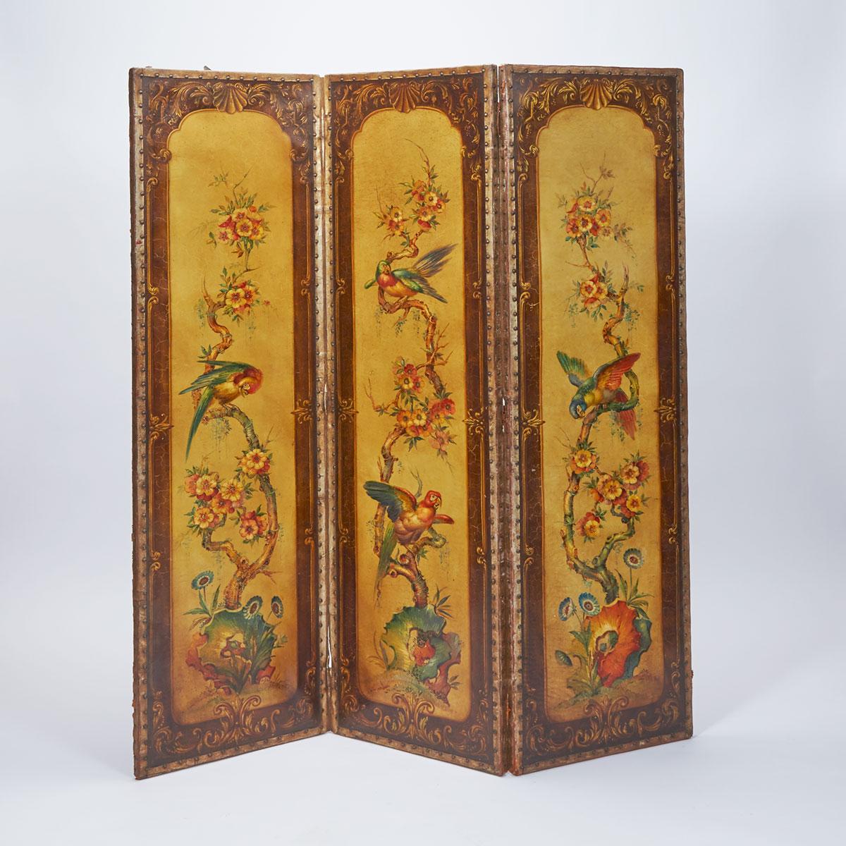 Chinoiserie Polychromed Three-Panel Leather Screen, 19th century