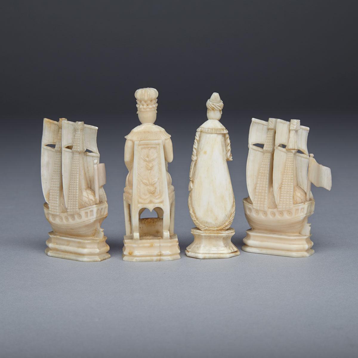 Russian Carved Walrus Ivory Figural Chess Set, KHOLMOGORY 19th century