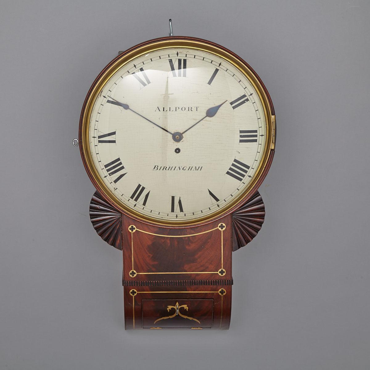 English Flame Mahogany Drop Dial Clock, c.1850