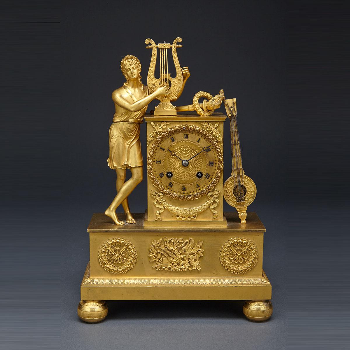 French Empire Gilt Bronze figural mantle clock, early 19th century