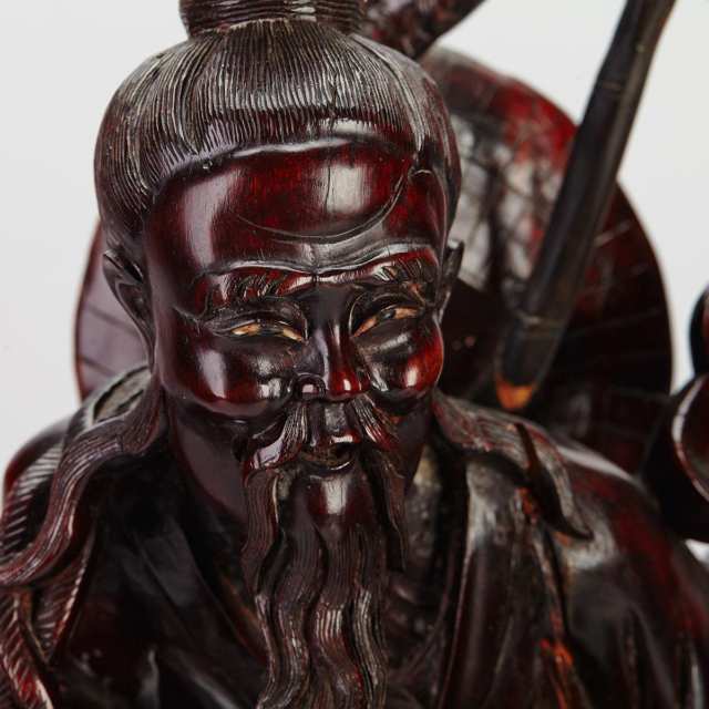 Large Rosewood Figure of an Auspicious Fisherman, Mid-20th Century