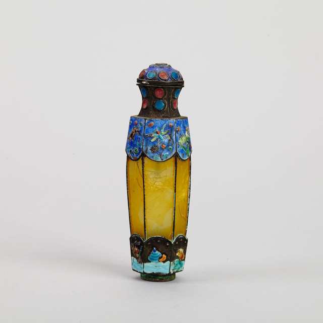 Rare Silver, Amber and Enamel Snuff Bottle, Late Qing Dynasty