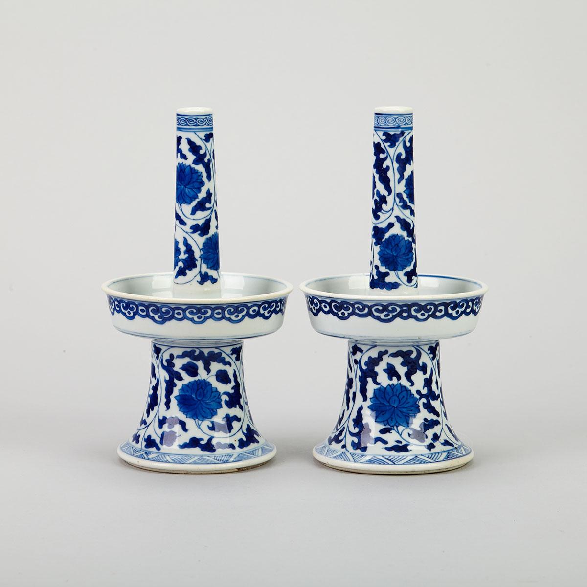Pair of Export Blue and White Candle Prickets, Kangxi Period (1662-1722)