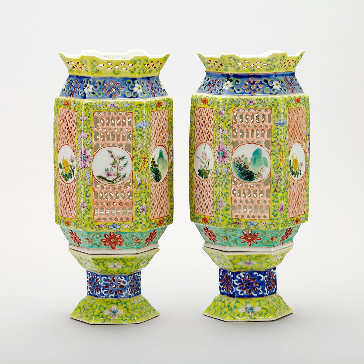 Pair of Famille Rose Hexagonal Porcelain Lanterns