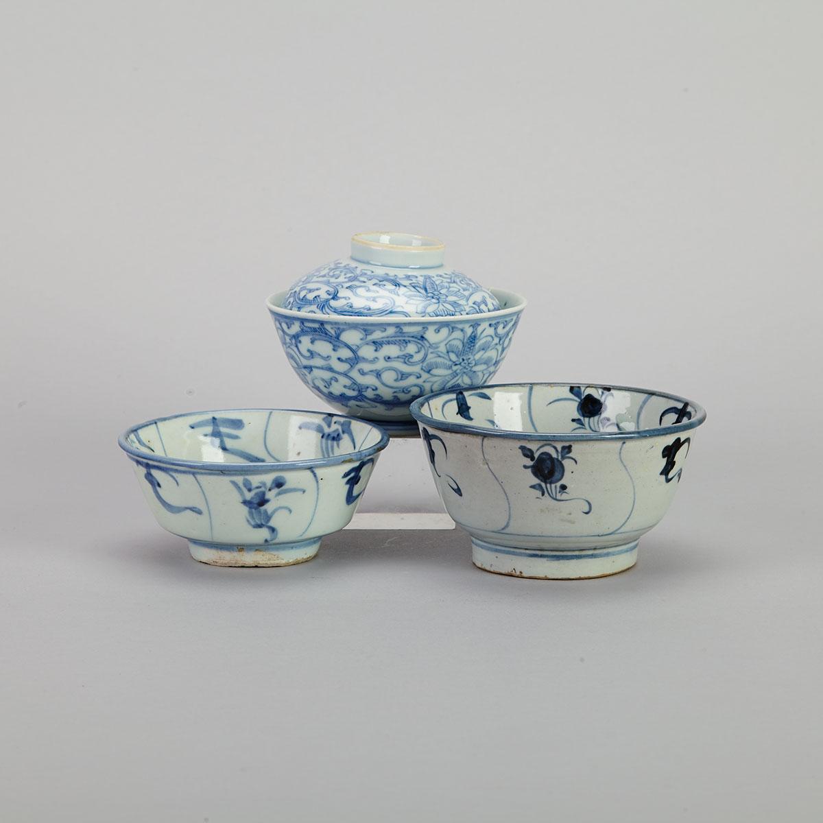 Three Blue and White Bowls, 19th Century