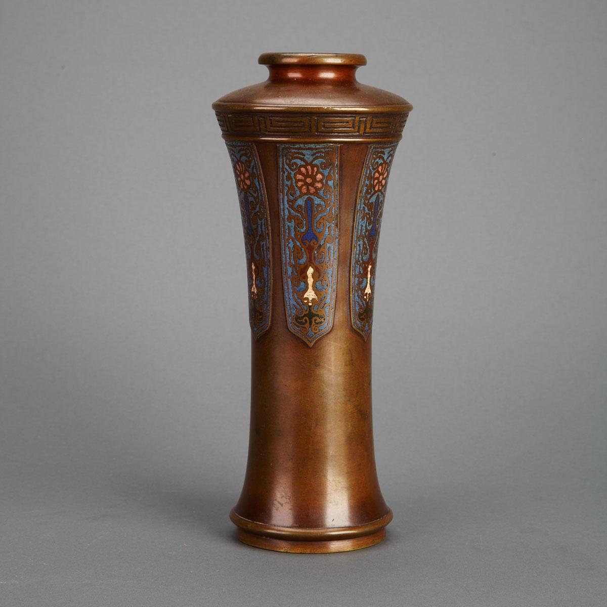 Elongated Bronze and Champlevee Enamel Vase, Meiji Period, Early 20th Century