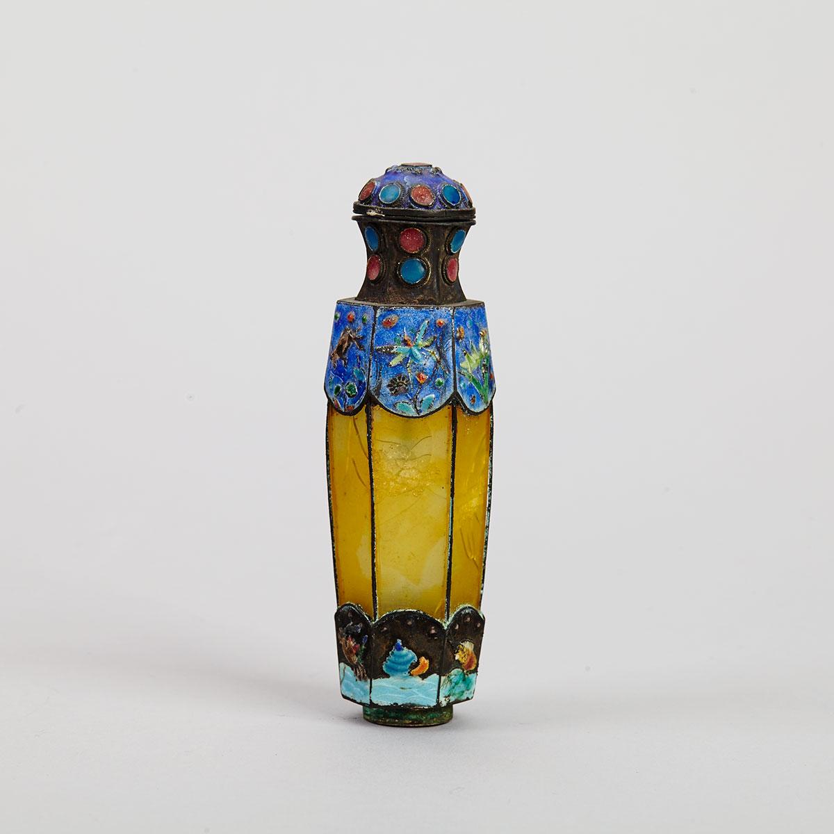 Rare Silver, Amber and Enamel Snuff Bottle, Late Qing Dynasty
