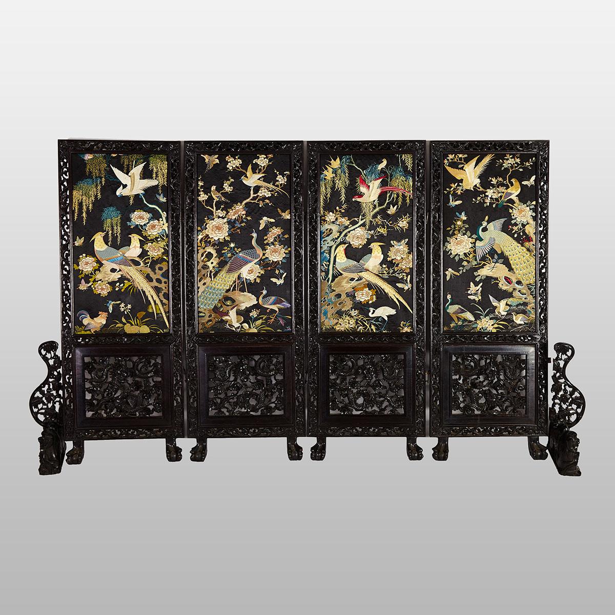 Four Panel Screen with Silk Embroideries, First Half 20th Century