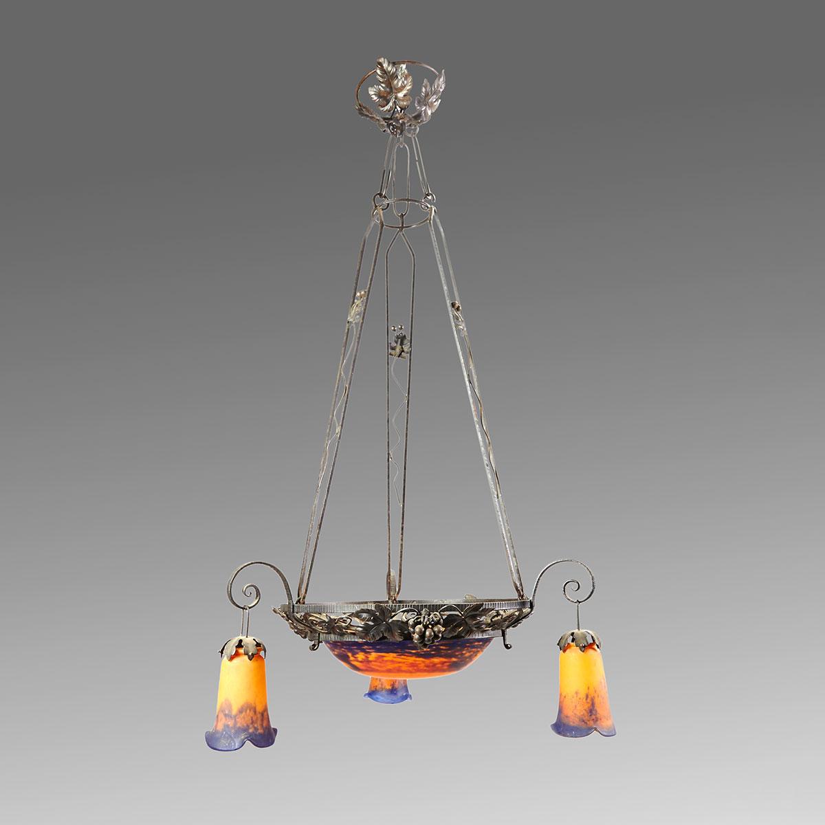 French Art Deco Wrought Iron and Glass Chandelier, mid 20th century
