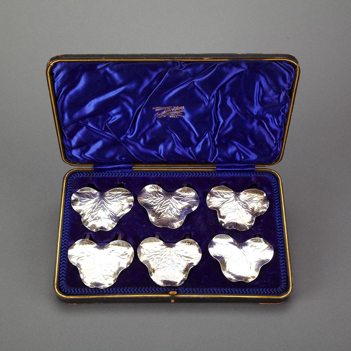 Set of Six Edwardian Silver Leaf Shaped Place Card Holders, Joseph Rodgers & Sons, Sheffield, 1905