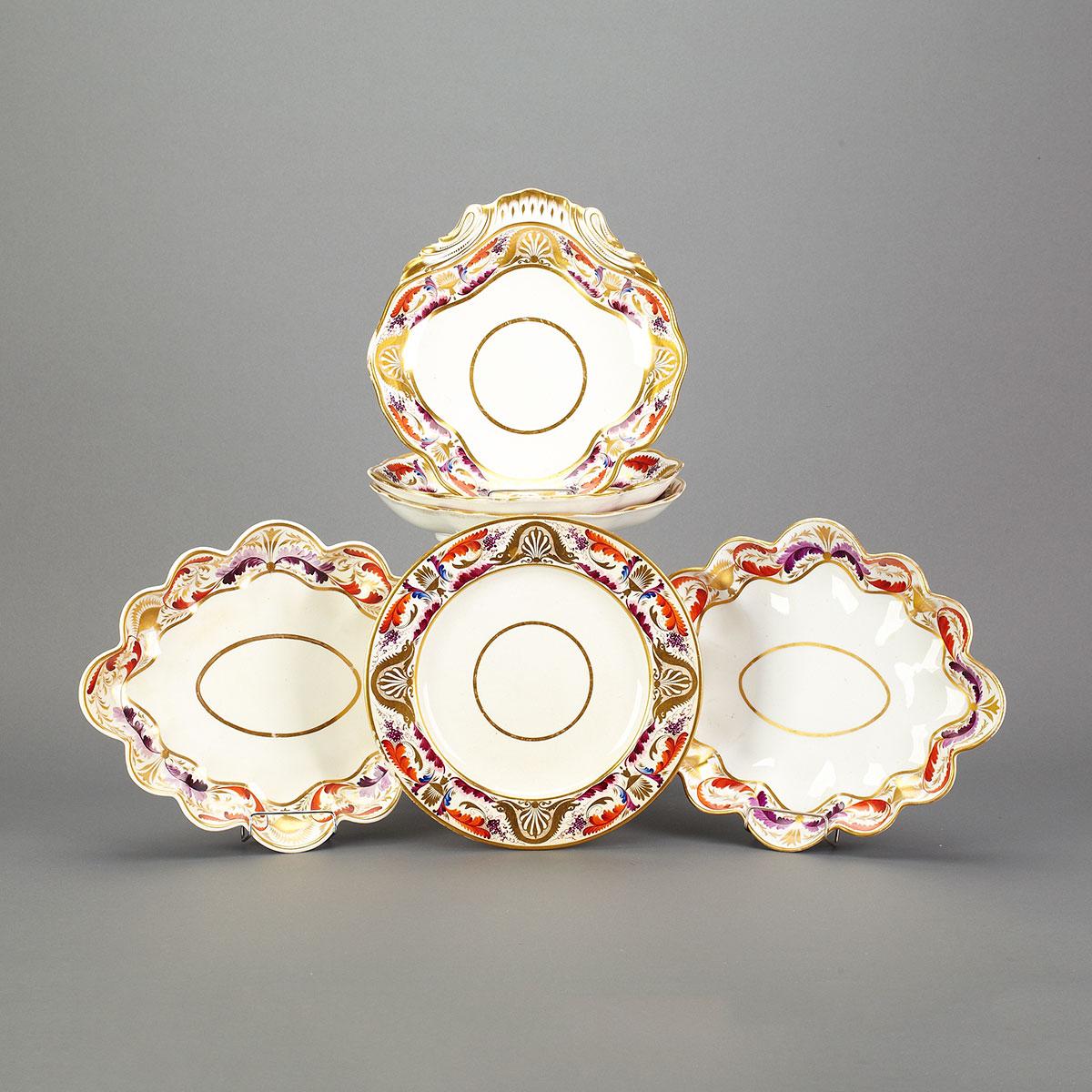 Pair of Derby Lobed Oval Dishes, Three Shell Dishes and a Plate, early 19th century