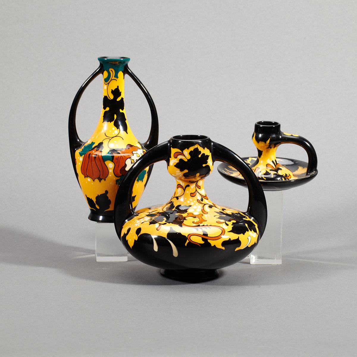 Regina Gouda ‘Robur’ Two-Handled Vase, Chamberstick and ‘Myria’ Vase, 20th century