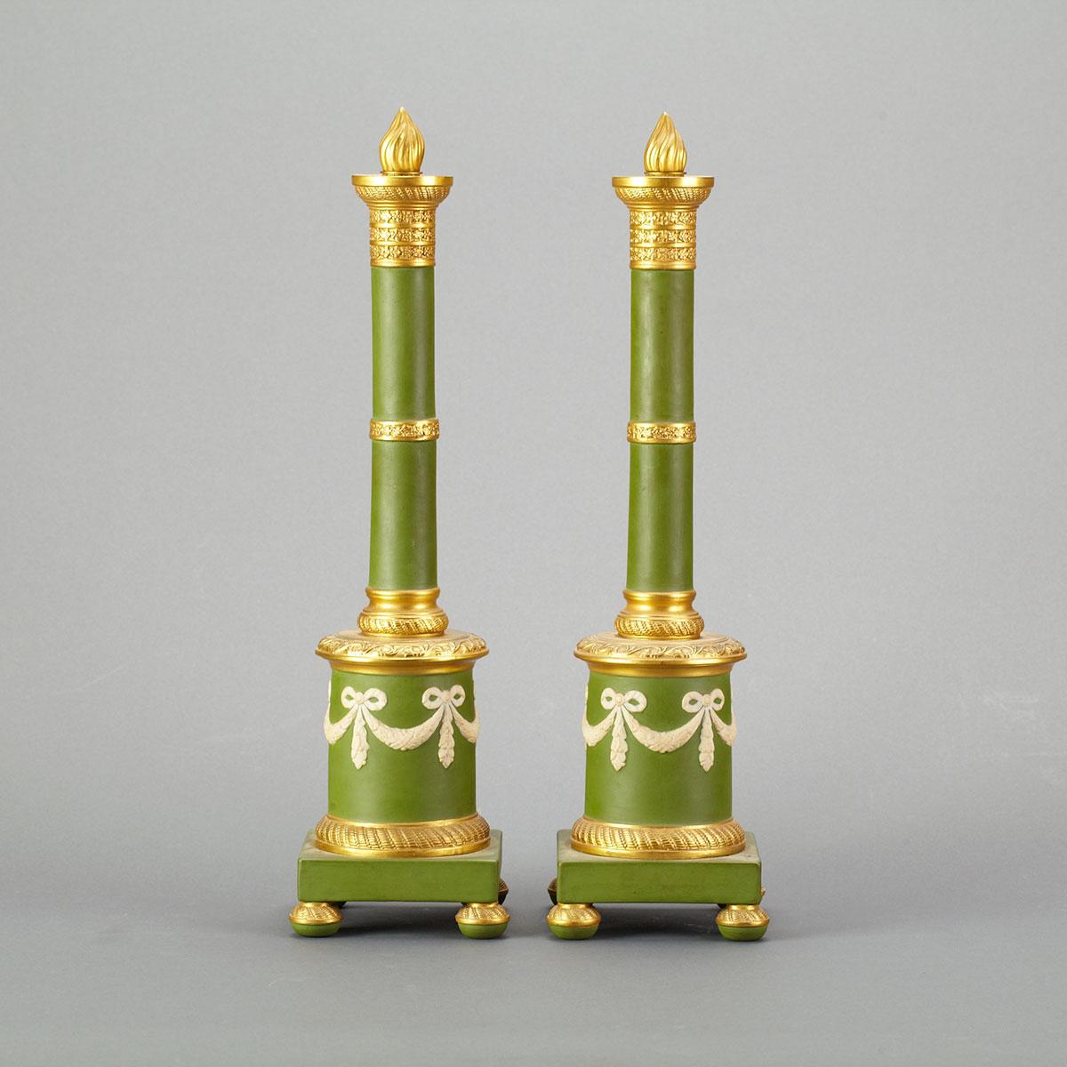 Pair of Italian Parcel Gilt Green Pottery Column Form Lamp Bases, mid 20th century