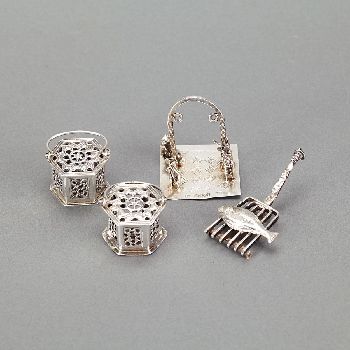 Dutch Silver Miniature Fish on a Griddle, Swing Group and Two Braziers, early 20th century