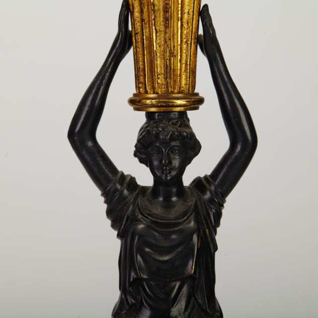 Pair of French Empire Style Patinated and Gilt Bronze Figural Table Lamps, mid 20th century