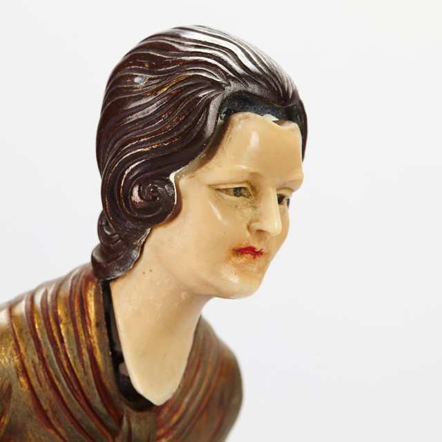 French Art Deco Patinated Metal, Onyx and Marble Figural Mantle Group, c.1925