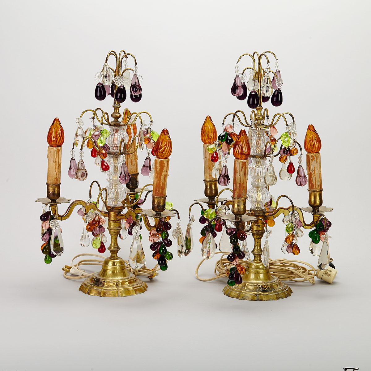 Pair of Gilt Bronze and Glass Three Light Lustres, early 20th century