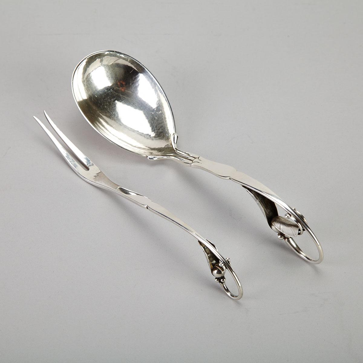 Danish Silver Serving Spoon and Fork, #141 and #21, Georg Jensen, Copenhagen, mid-20th century