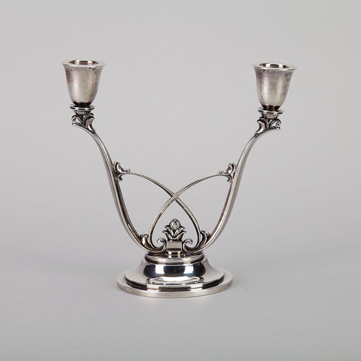 Danish Silver ‘Acorn’ Pattern Two-Light Candelabrum, #619, Harald Nielson for Georg Jensen, Copenhagen, mid-20th century