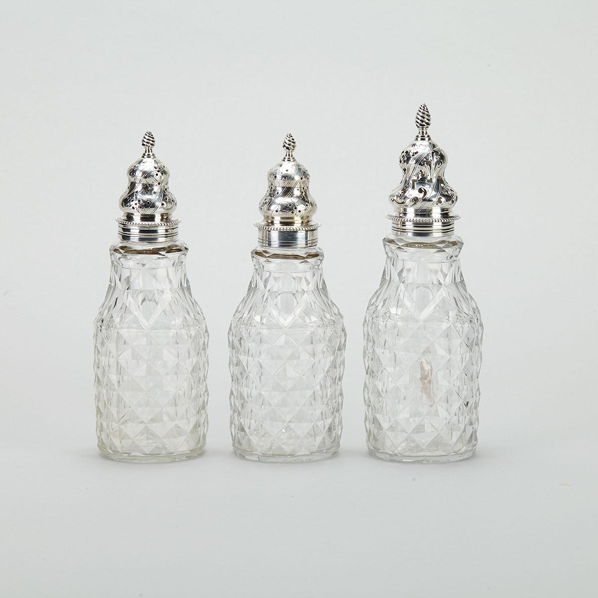 Three George III Silver Mounted Cut Glass Casters, c.1775