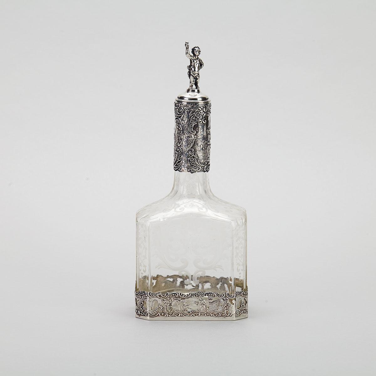German Silver Mounted Etched Glass Decanter, Johann Kurz, Hanau, c.1900