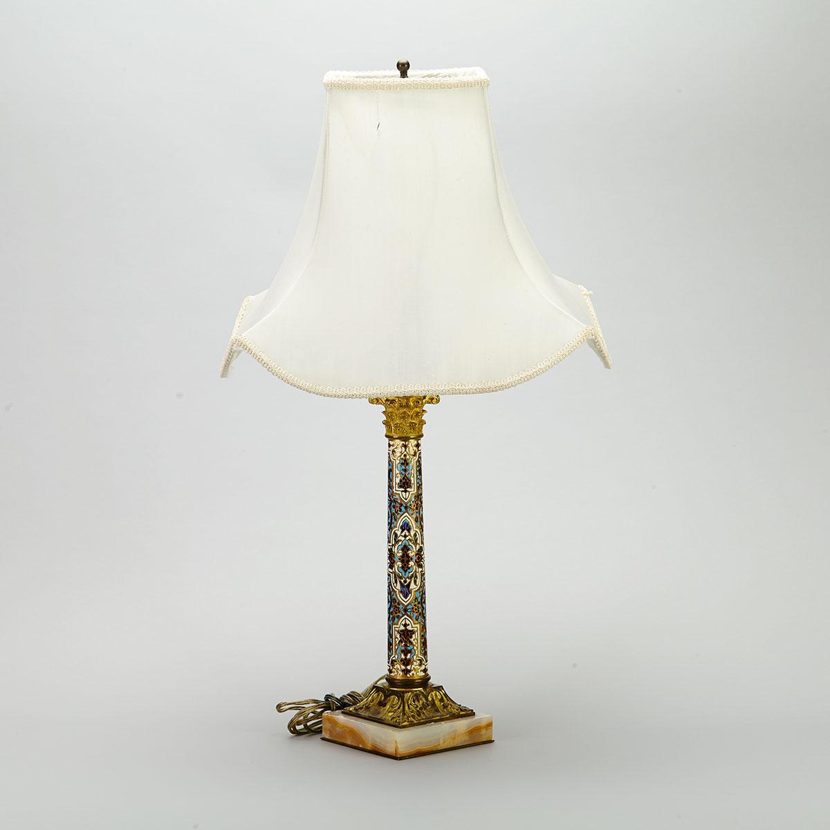French Ormolu Mounted Champleve Enamelled Column Form Table Lamp, early 20th century